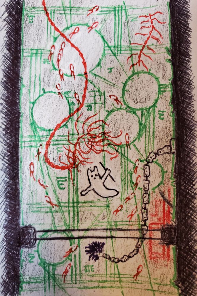 A pen and colored pencil drawing of five pebble's general systems bus. A slugcat floats in the channel surrounded by red neuron flies and long, spindly red connections. Green markings cover the back wall, and a white linked branch with a feathery blue tip floats from its point attached to the wall.