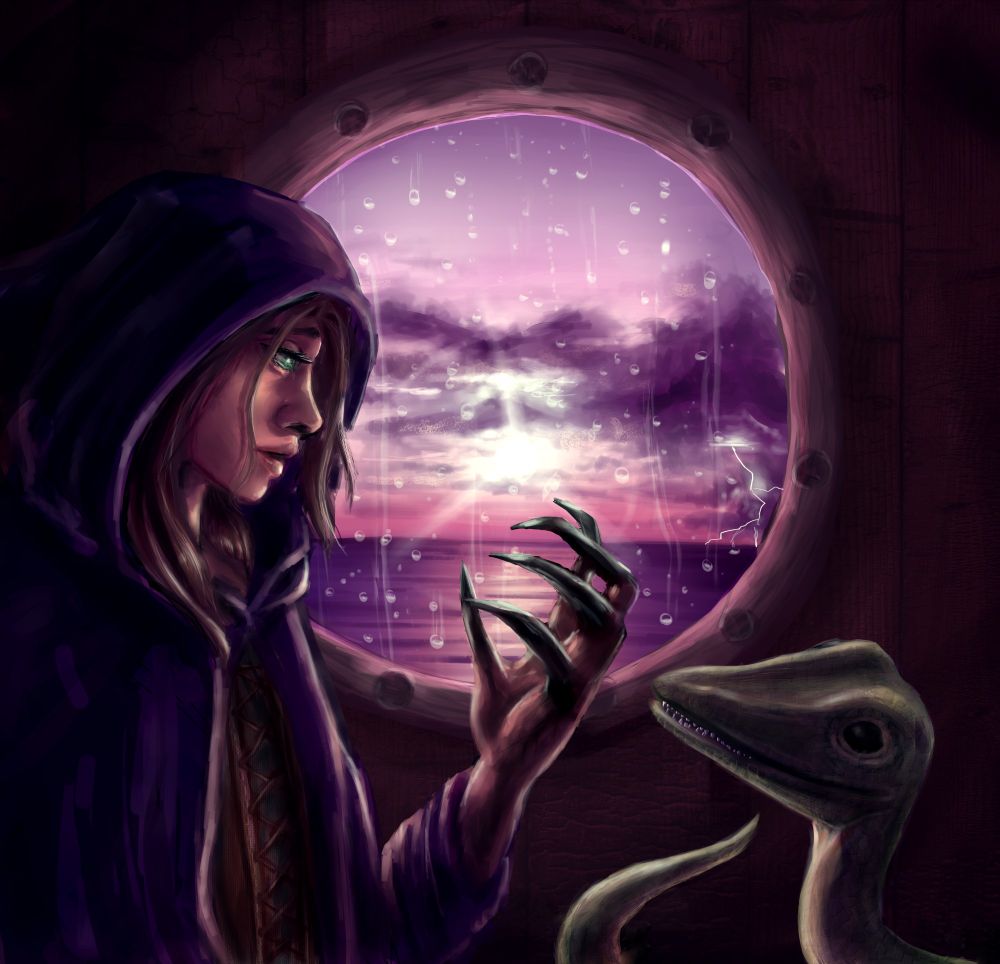 Half elf with black claws and large Compsognathus familiar in front of a pirate ship window