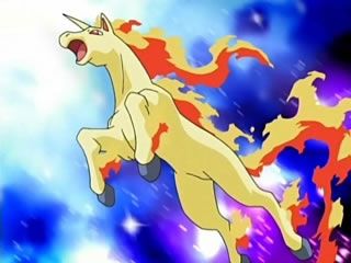 unicorn pokemon with fire mane and tail leaping into the air