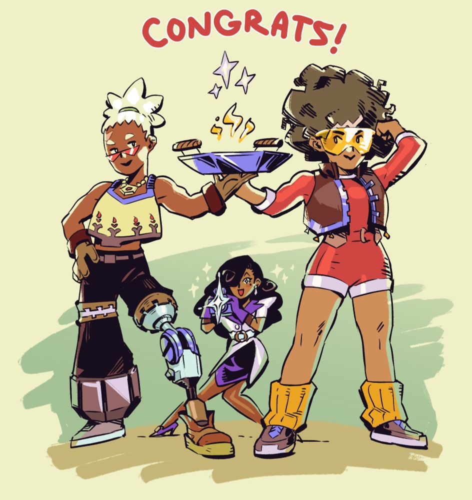 Art by @soaps.bsky.social of Nifty from Snap & Grab taking a picture of Samara and Amani from Dosa Divas.