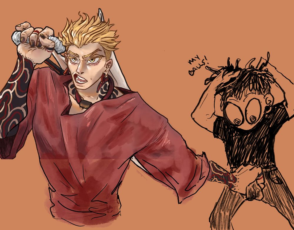 The same Enjin image that is quoted is used but has been (crudely) extended to show his other hand cinched around the ballsack of some vaguely alternative guy