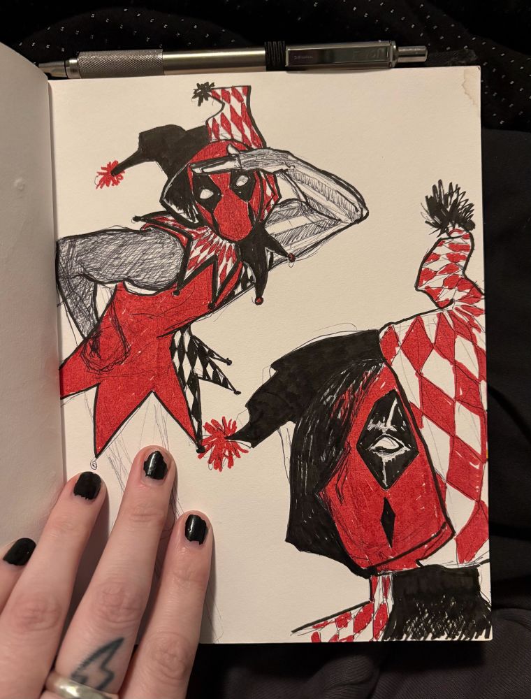 messy sketchbook photo, featuring two scribbles of Deadfool (jester deadpool) one is a portrait style headshot and the other shows him from the hips up. 
