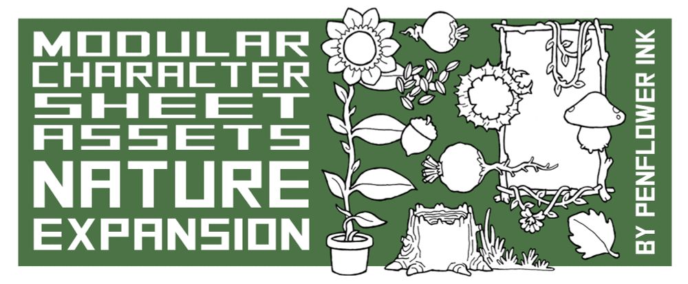 Banner image for the asset pack. Text reads: modular character sheet assets nature expansion, against a dark green background. To the right, a collection of the assets, all black and white, including flowers, vines, vegetables and mushrooms.