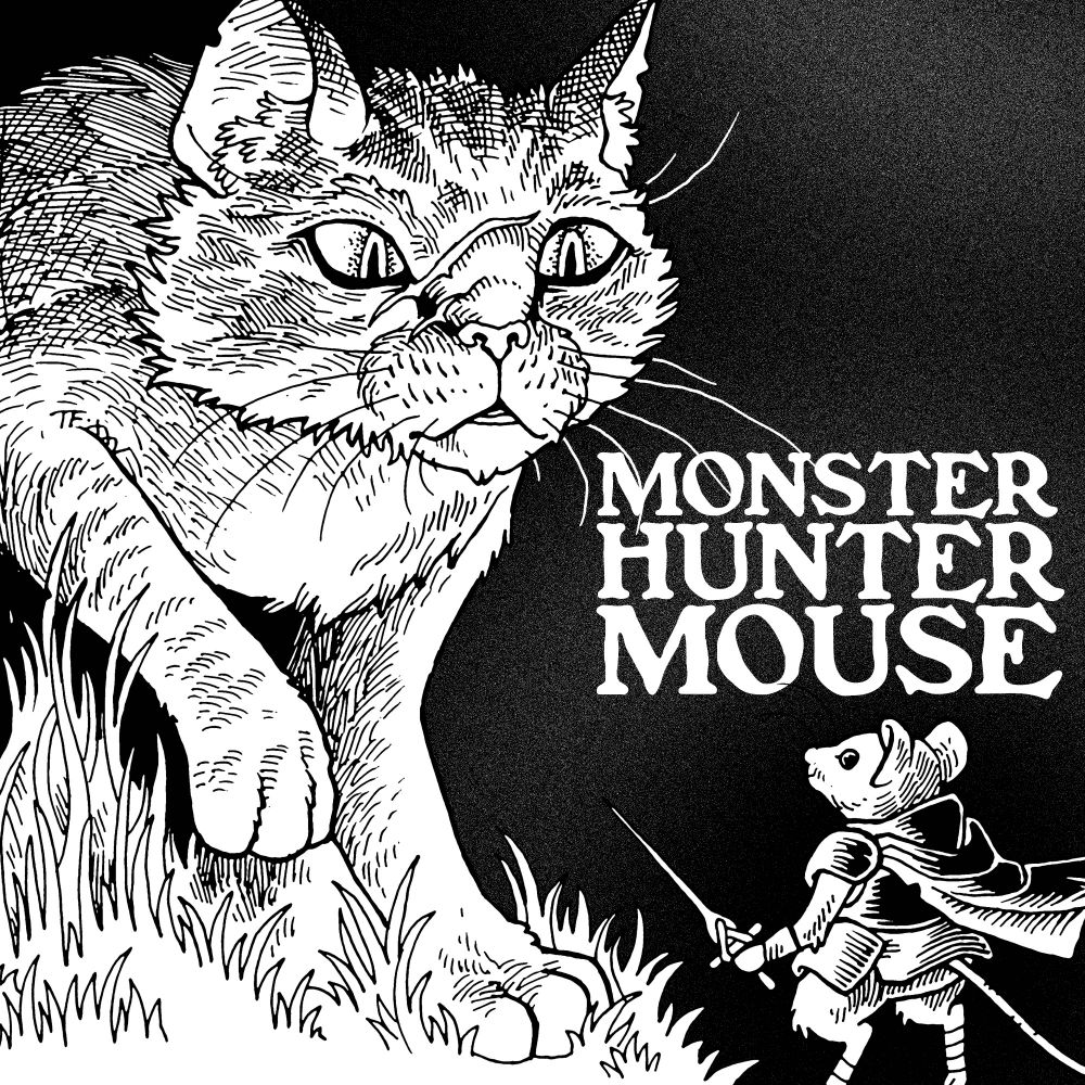 Black and white illustration of a mouse adventurer wearing armour and a cape, wielding a sewing needle sword, facing a scarred and wily-looking cat.
