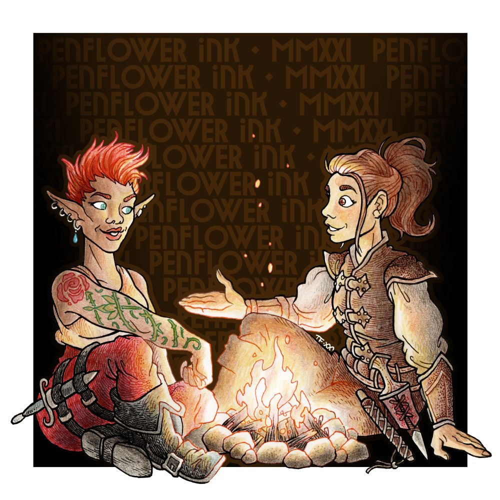 Traditionally hand drawn and coloured portrait commission of two fantasy adventurers chatting by a campfire.