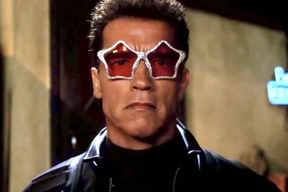 Arnie in Terminator 3, wearing the most inappropriate sunglasses.