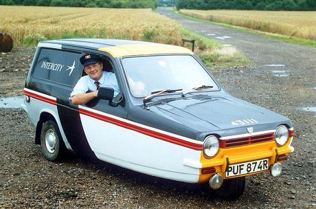 A Reliant Robin, painted in the British Rail Intercity ‘Swallow’ livery.