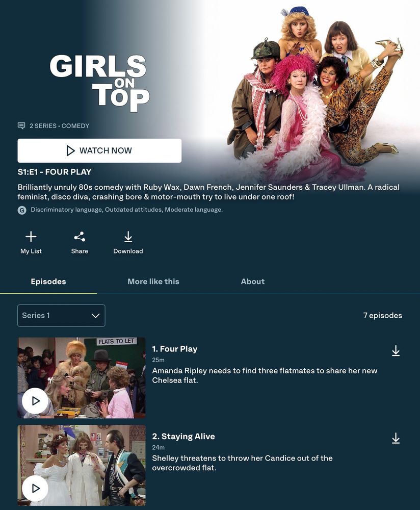 Girls On Top
Series 1
Brilliantly unruly 80s comedy with Ruby Wax, Dawn French, Jennifer Saunders & Tracey Ullman. A radical feminist, disco diva, crashing bore & motor-mouth try to live under one roof!
