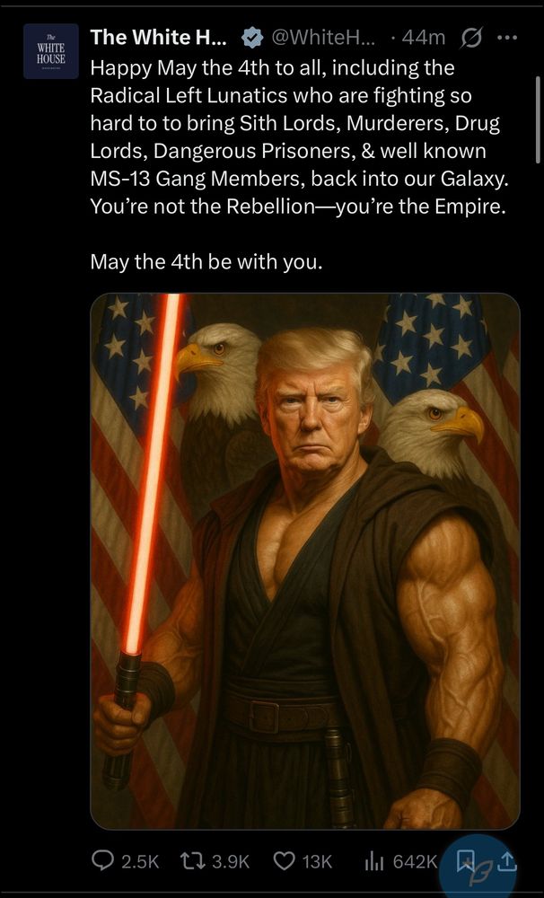 A muscular version of Trump holding a red lightsaber while wearing a black and brown jedi attire. There are Bald Eagles and American flags in the background. 