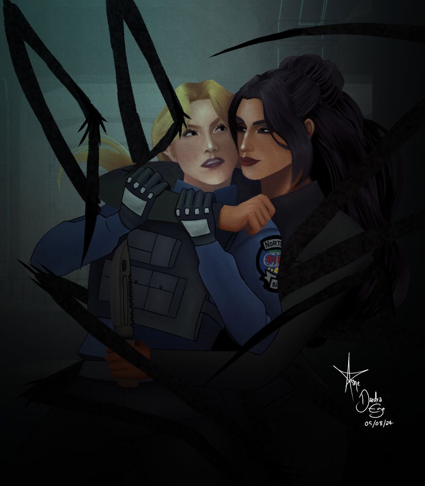 Two women, Johanna Polar and Diana Abner, locked in mid-fight. Polar’s spider-like appendages entrap Diana as Polar holds her in a chokehold. Diana looks fierce, ready to unleash her counter attack. Polar smiles smugly at her as the fight wages on, holding a combat knife towards her, ready to strike.