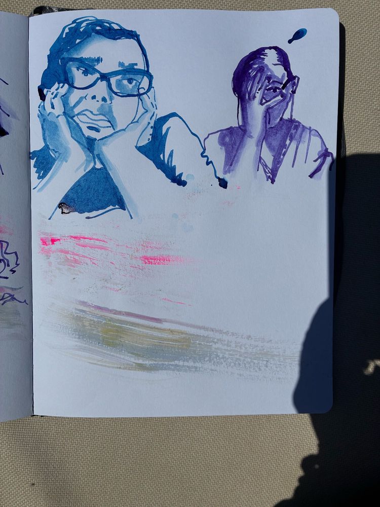 Quick portraits drawn in ink with a dip pen at the weekly Drawing With Dylan session