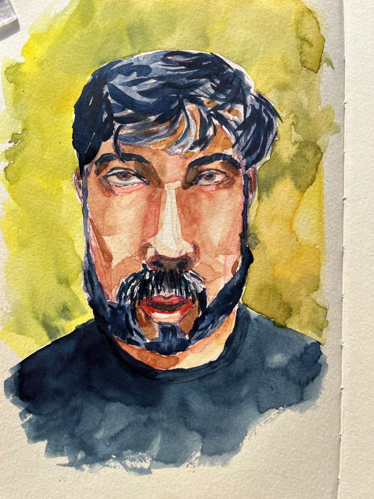 Final take, watercolor and pencil portrait in Ochre, Alizarin Crimson, Burnt Umber and Indigo, with a background in Lemon Yellow and Perylene Green