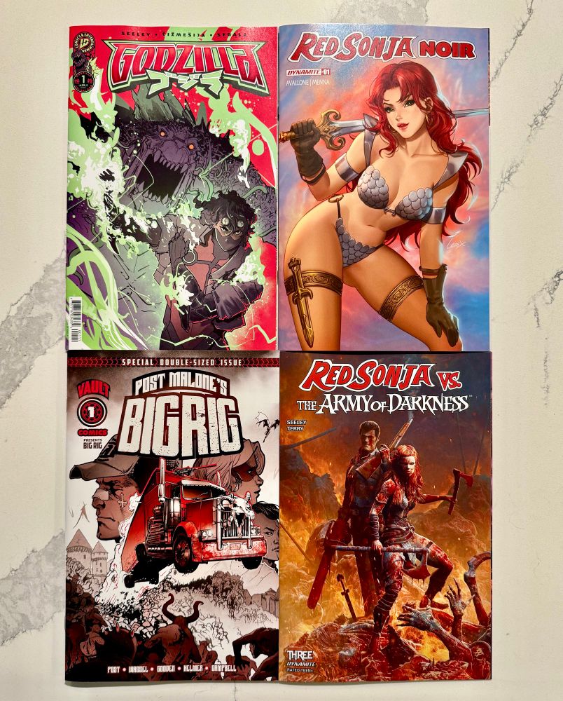 Comics shown: Godzilla Kai-Sei Era #1, Red Sonna Noir #1, Post Malone’s Big Rig #1, Red Sonja vs The Army of Darkness #3