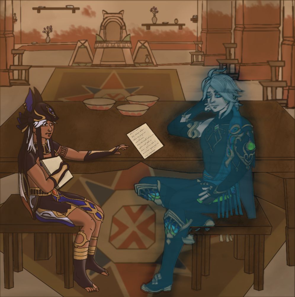 Alhaitham and cyno sit at a table in the chiefs house at aaru village. Alhaitham is phased into a different dimension 