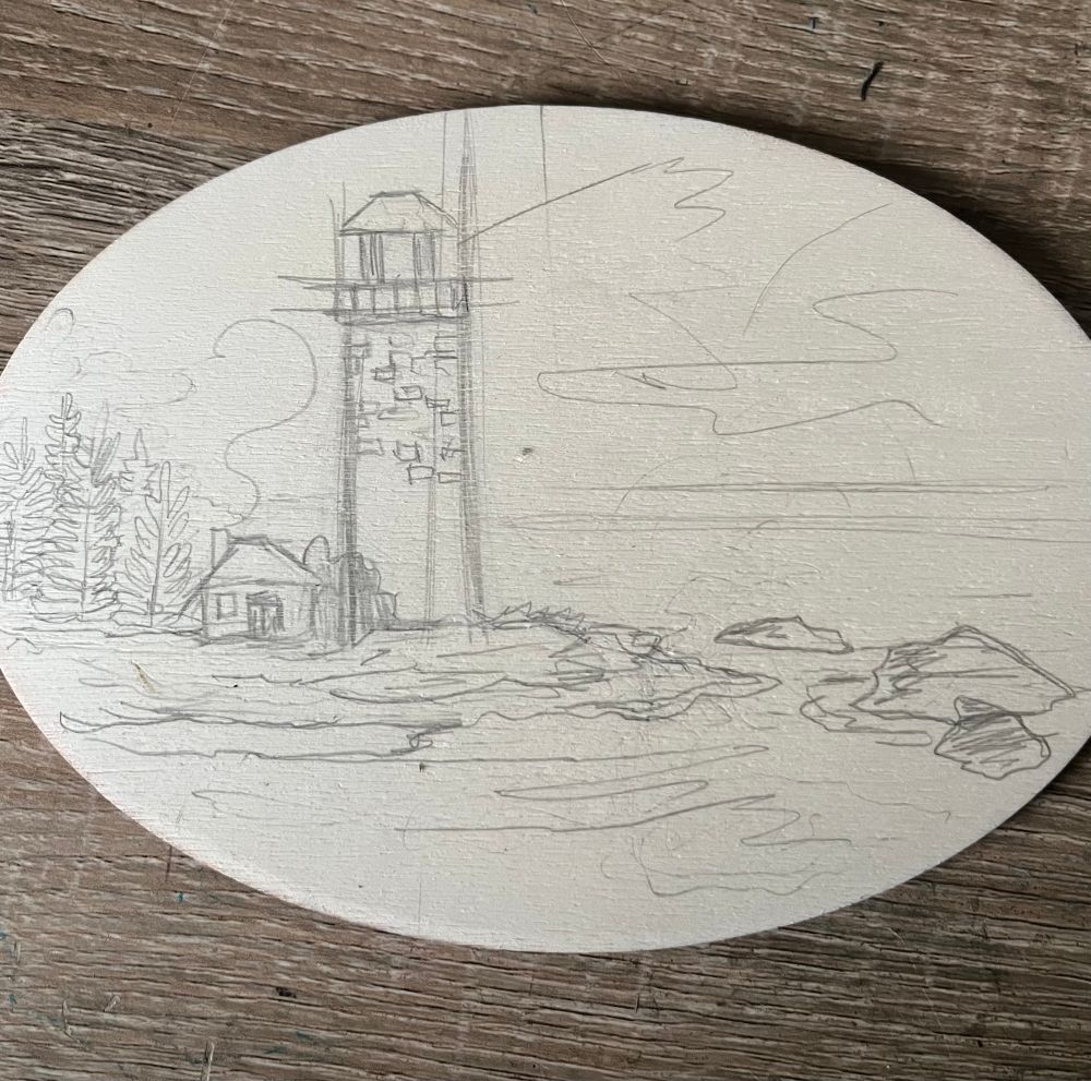 Sketch of a lighthouse on a cost done on wood