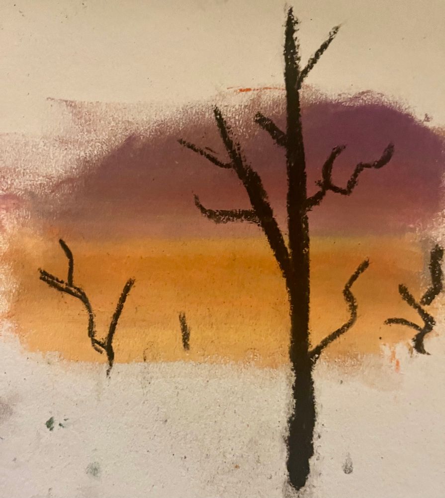 Sketch of black barren trees in front of an orange and purple sunset
