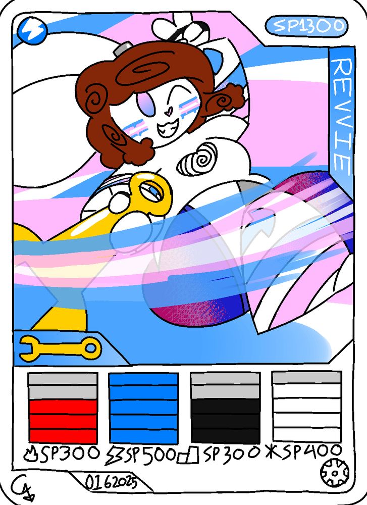 a portrait of Revvie in the style of those cards from the ninjago spinners. she’s spinning and posing in a pink white and blue vortex, swinging her wrench as she does so. a trans flag trail follows it.