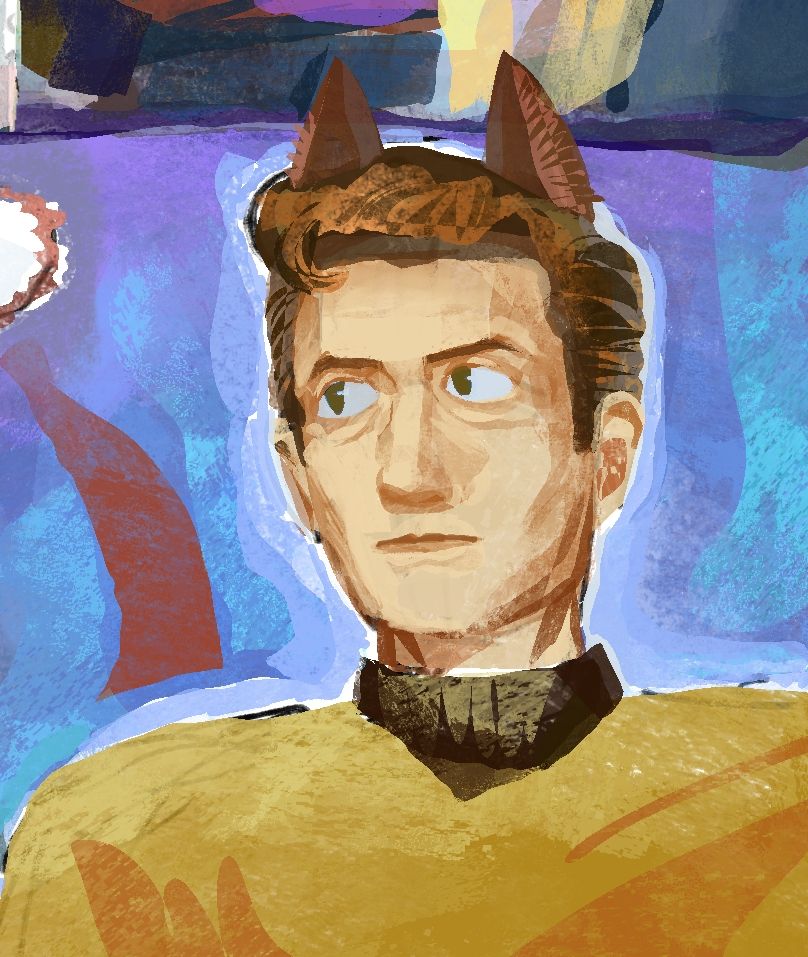 The picture shows James T. Kirk from Star Trek with cat ears, looking to the side.