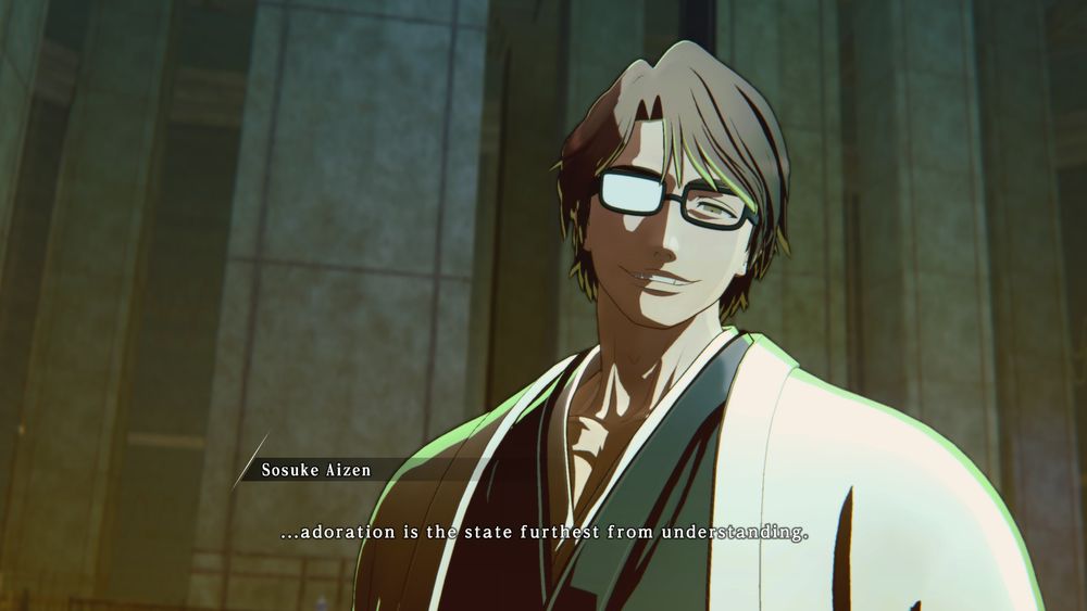 A man in glasses known as Aizen from BLEACH. The text reads:
Sosuke Aizen
...adoration is the state furthest from understanding.