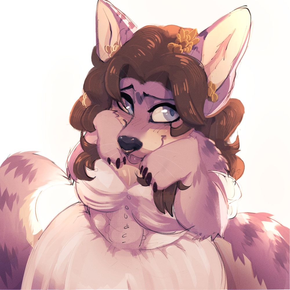 Lilac and purple striped anthro fennec/wolf/cat tribrid (thev/them in a sundress with paws tucked up to face in a gesture of shyness