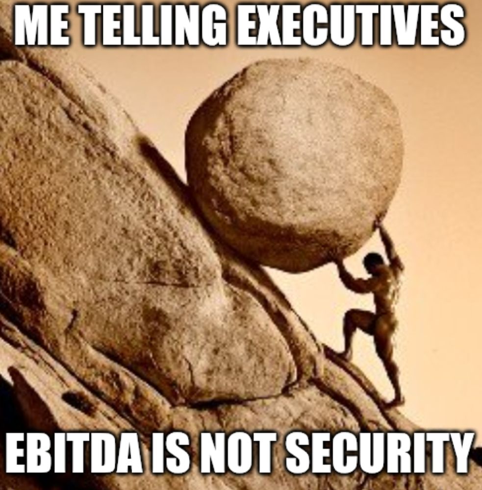 A man pushing a giant round rock uphill
Caption: Me tellinh executives EBITDA is not Security