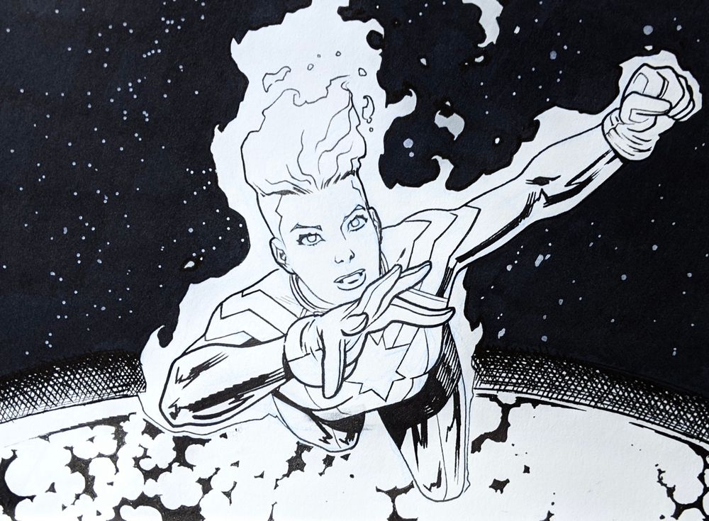 Black-and-white ink illustration of Captain Marvel flying upward through space. She is shown from a dramatic low angle, soaring with one fist extended while the other arm sweeps gracefully forward. Her short hair flares upward like energy flames, blending into a star-speckled cosmic background. She wears her modern star-emblem suit, and the cracked surface of a planet curves beneath her, emphasizing her ascent into the dark, star-filled sky.