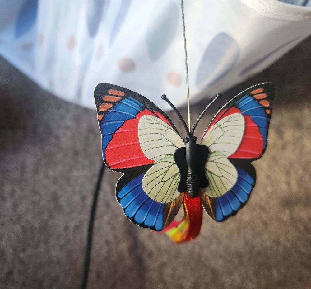 A photo of a toy butterfly on the end of a metal wire. Its body is black, but its wings start out white and transition to pink and light blue.