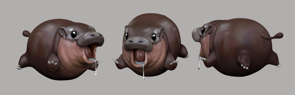 A 3D turnaround screenshot of Moo-deng, stylised to be round and plump. It lies on its stomach with it's limbs flailing out, drool drips from it's happy smile.