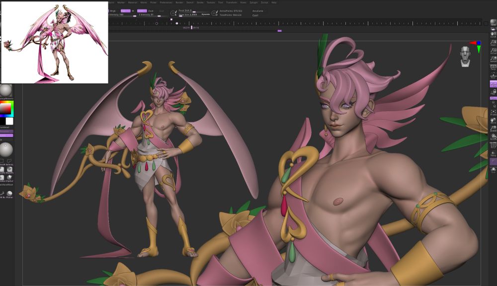 A screenshot ofa ZBrush viewport with two viewS of Eros model in the Hades style. On the left is a ful body, he has one hand on his hip and the other grasping a large heart shaped quiver. On the right is a closer half body angle, he looks off screen to the left.