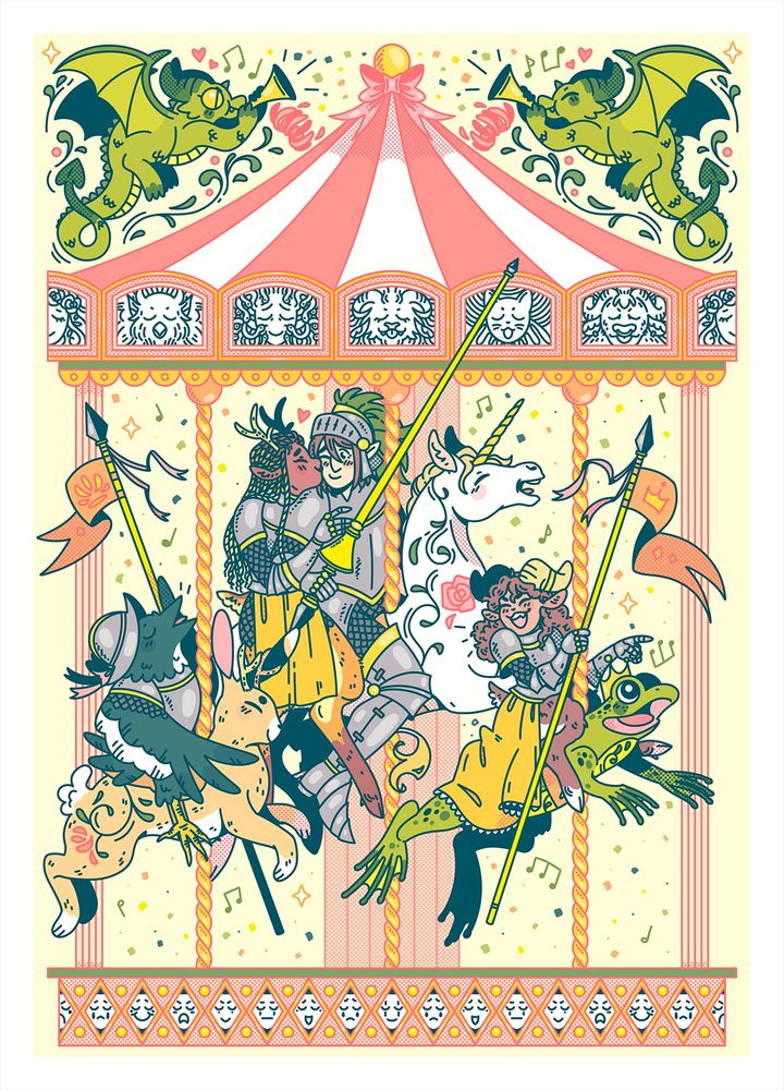Illustration of a carrousel with four knights riding a hare, an unicorn and a frog. Two small dragons are playing music on top of the carrousel.