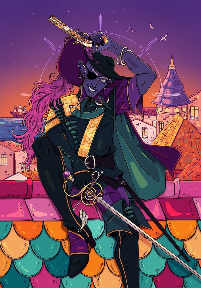 Jarlaxle Bregan sitting on a rooftop, holding a rapier and a gun. He's smiling and you can see the rooftops of the city behind him, as well as a ship and the sea.