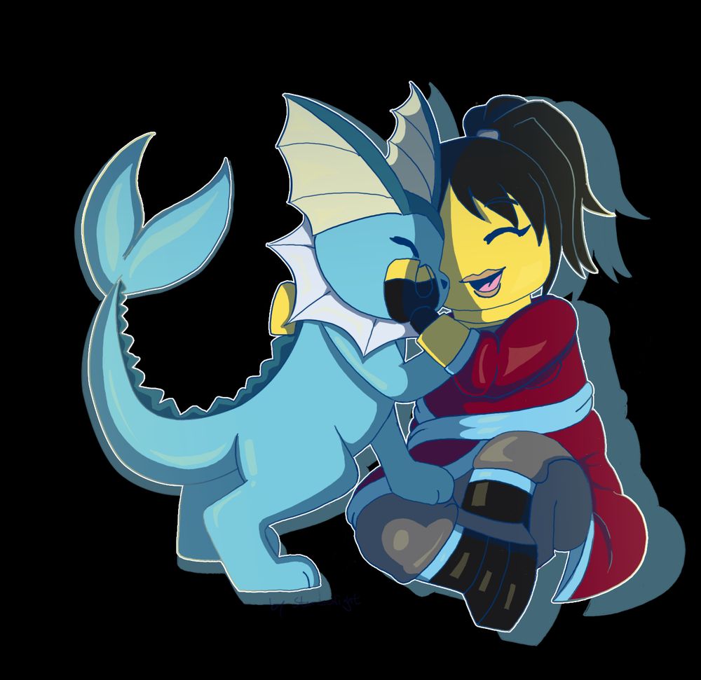 Sitting Lego Nya with hugging a Vaporeon, as they both lean their foreheads onto each other. 