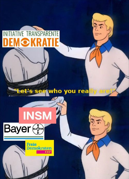 Meme mit Comic-Figur aus Scooby Doo: Mann greift den Schleier einer gefesselten Person mit Aufschrift "Initiative transparente Demokratie", dazu der Schriftzug: "Let's see who you really are!" Mann hebt den Schleier, es erscheinen die Logos von Bayer, der INSM und der FDP.