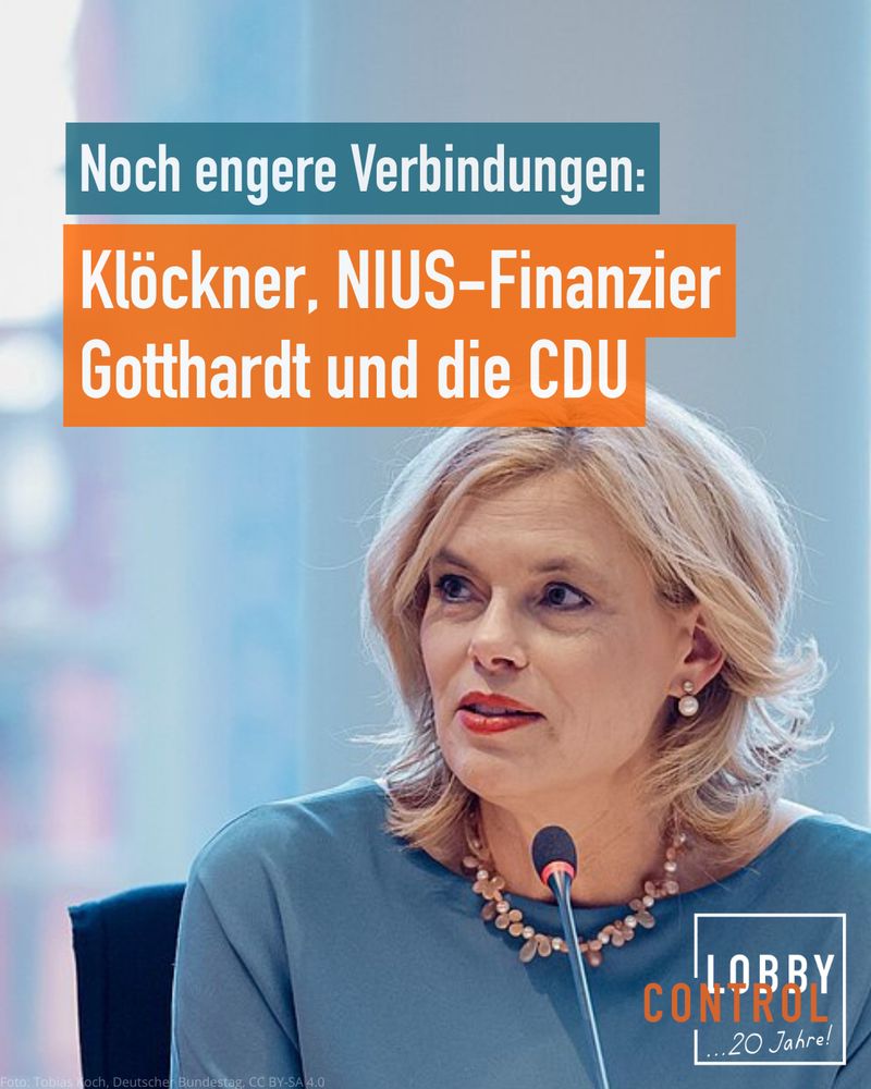 Noch engere Verbindungen: Klöckner, NIUS-Finanzier Gotthardt und die CDU, Bild von Julia Klöckner, Logo von LobbyControl