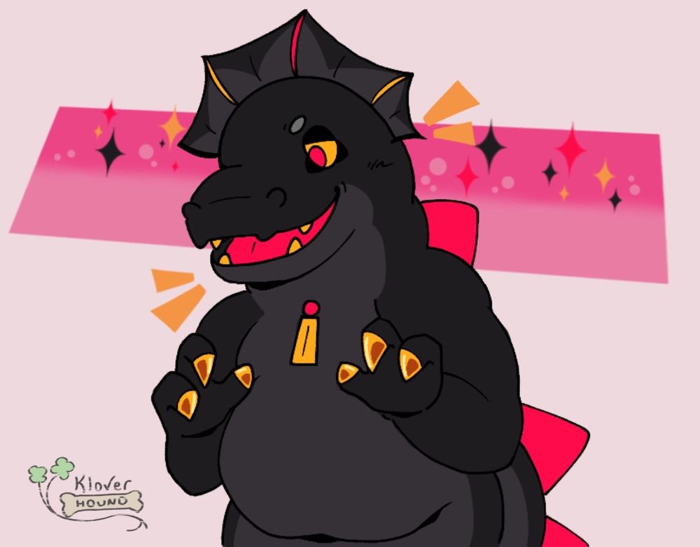 Pete(He/Him), a black dragon with a grey-ish underbellay. He's holding his metallic-gold claws up, as if he were growling.