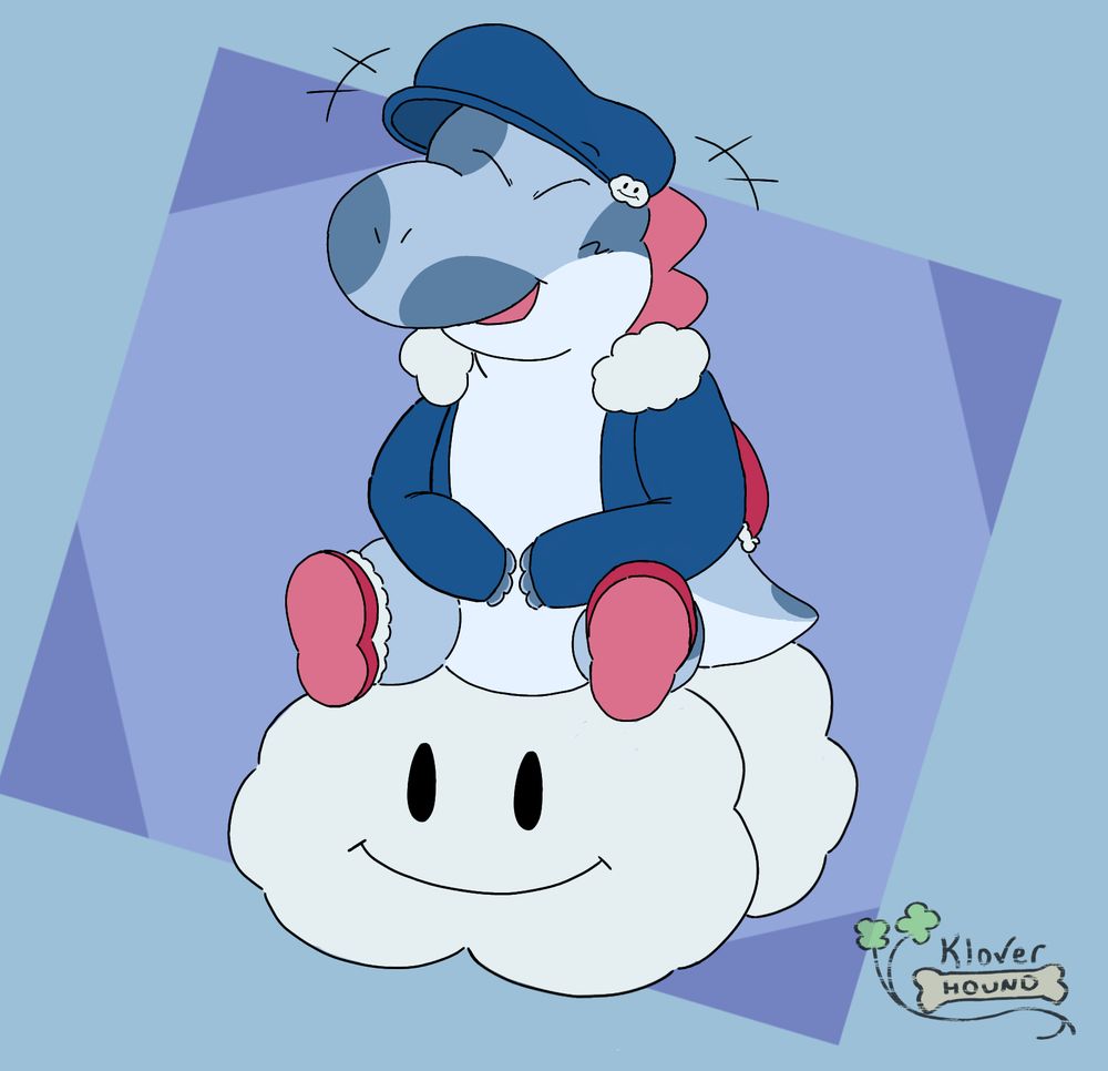 rascalgator's oc Nimbus, a grey-ish blue Yoshi with dark blue-ish spots, pink back spines, and a crimson shell with fluff surrounding it. Their outfit consists of a brimmed hat with a cloud pin, an open jacket with cloud-like fluff on the shoulders, and crimson shoes with pink soles and fluff around the ankles. He wears a joyous expression as he rides on a cloud :3