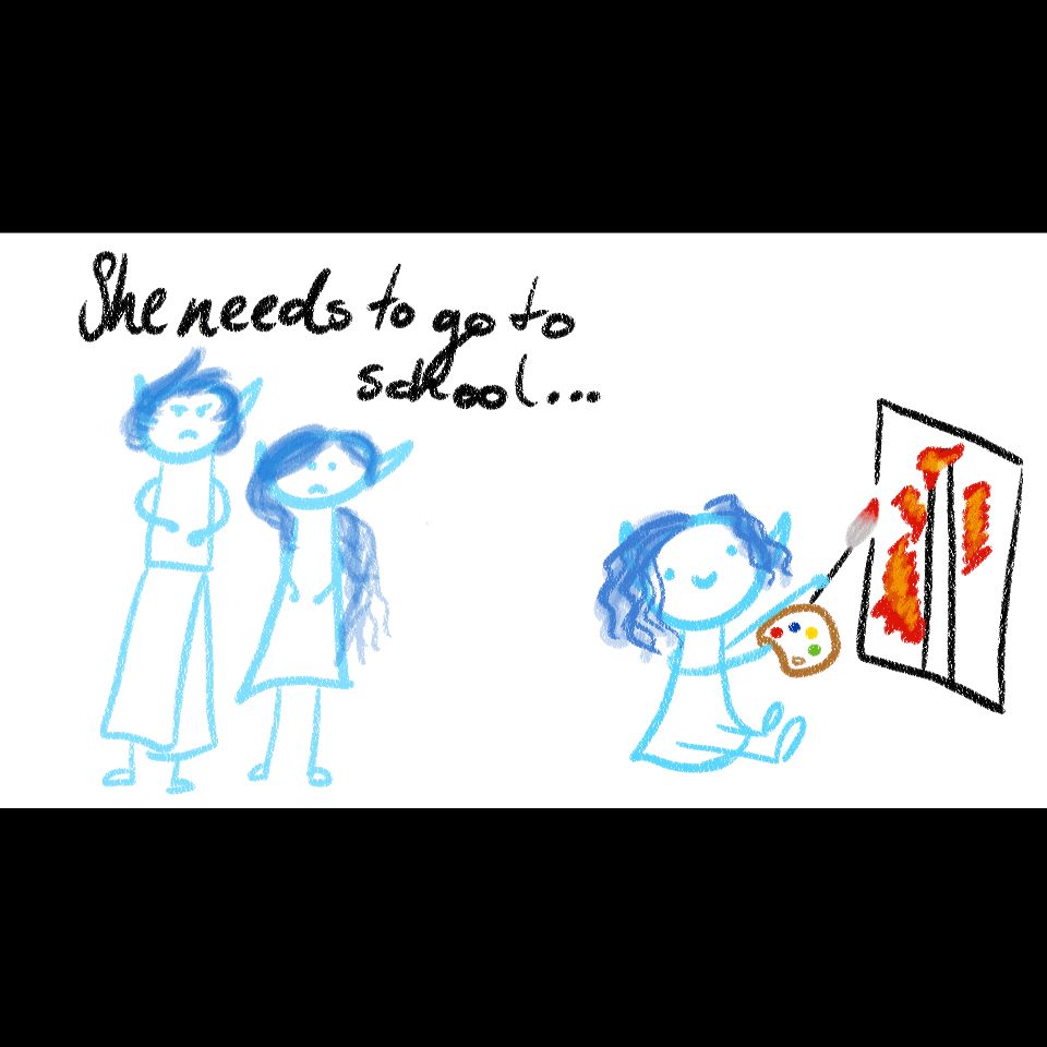 Doodled drawing of a happy elven child as her angry/disappointed parents look on her as she paints a burning tower.