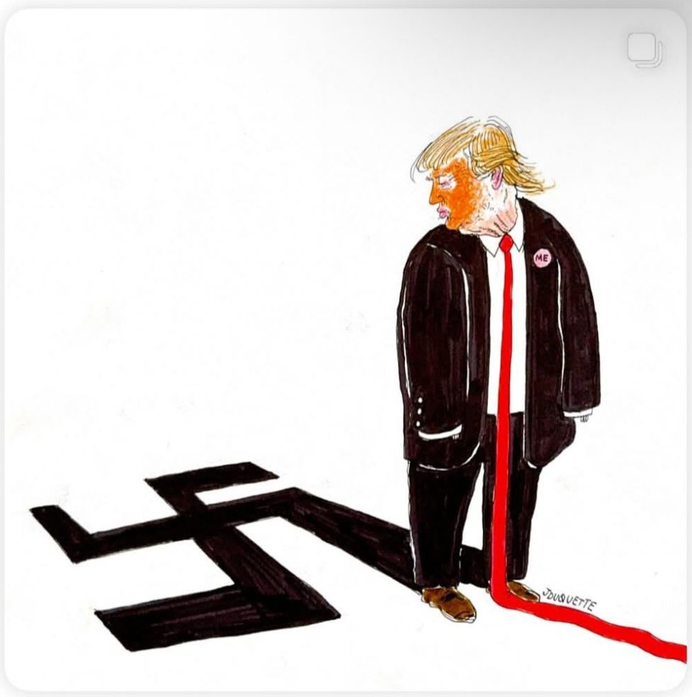 Cartoon of Trump, casting a Swastika shadow 