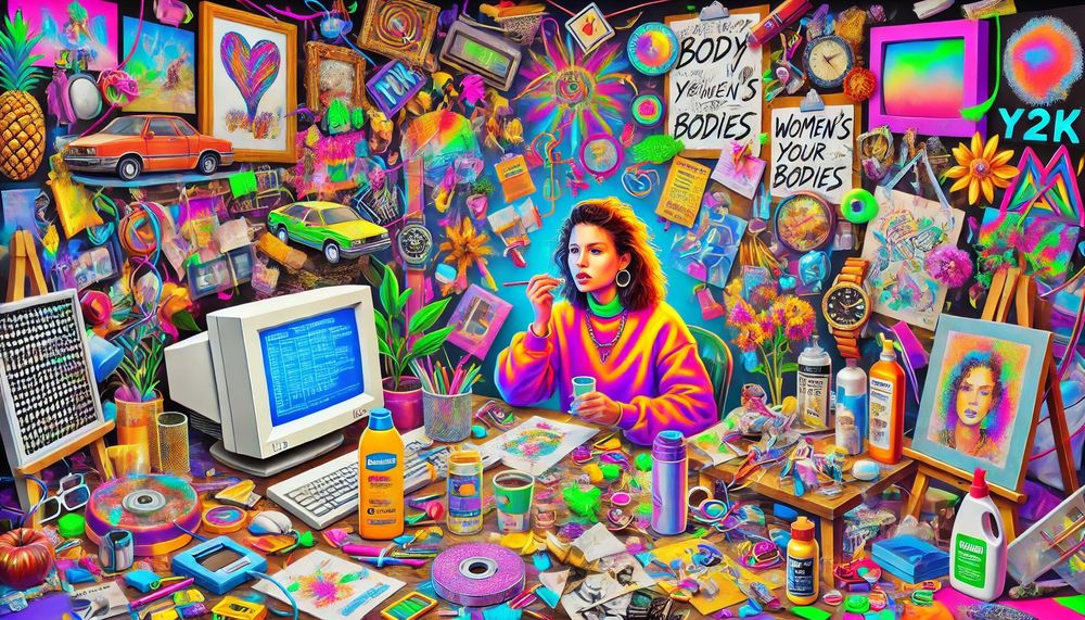 AI- generated neon image of a woman at an insanely messy workstation. with a poster in the back that says “WOMEN’S YOUR BODIES”