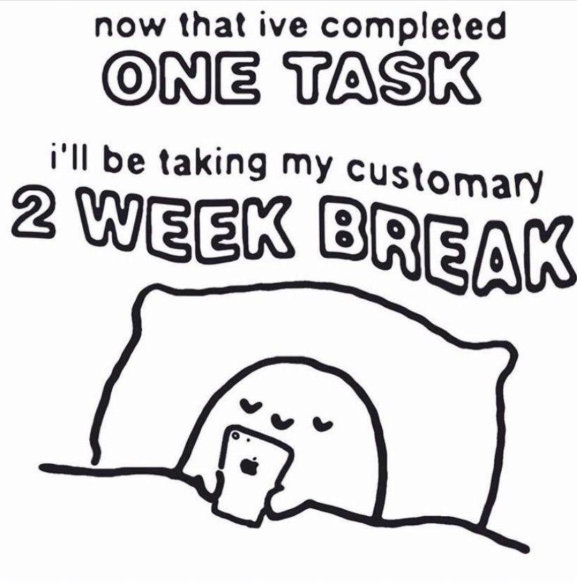 “Now that I’ve completed ONE TASK I’ll be taking my customary TWO WEEK BREAK” meme