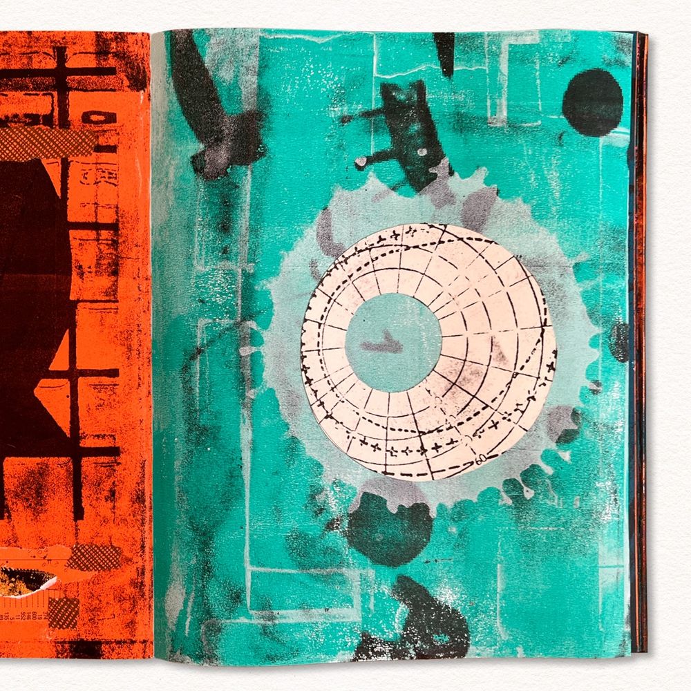 Right side of the spread with what could look like a globe in the center but is actually an element of ophthalmology. 