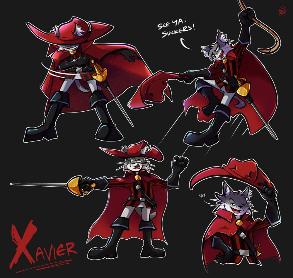 several different poses of a cat Musketeer, dressed in red and black garb consisting of a large hat, tunic, gloves and boots and a rapier attached to his side.