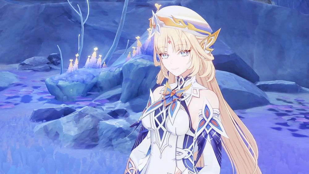 Nicole from genshin impact. A pretty blonde girl in white and blue