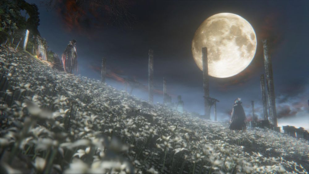 The hunter looks uphill towards a foe, a full moon illuminating the sea of flowers