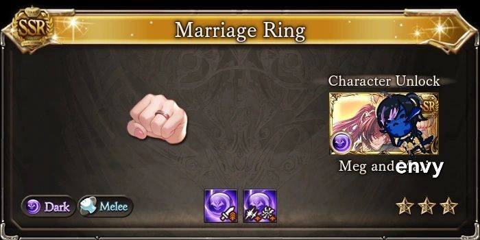 The Marriage Ring item from Granblue Fantasy that unlocks the character 'Meg&Mari' has been edited to say Meg & Envy with a bean version of my ffxiv character
