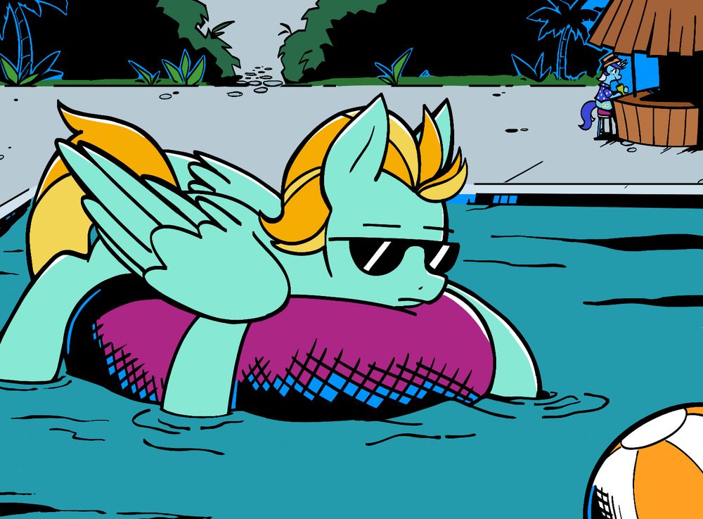 card art for the card, 'Paradise Lost Lightning Dust' from the TSSSF expansion, True Crimes Island Times. the art shows the titular character of Lightning Dust, from MLP: FiM, laying on top of an inner tube in a pool. She's wearing sunglasses and the resort area around her has various bits of foliage and a bar within eyeshot. Colgate is sitting at the bar, drinking some kind of drink.