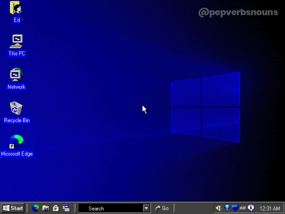 A mock screenshot of an empty classic Windows desktop in the same style as the first screenshot. No windows are open. Instead in the background is the Windows 10 light mode wallpaper, colorized in blue and black with dithering similar to the setup background from Windows 95.