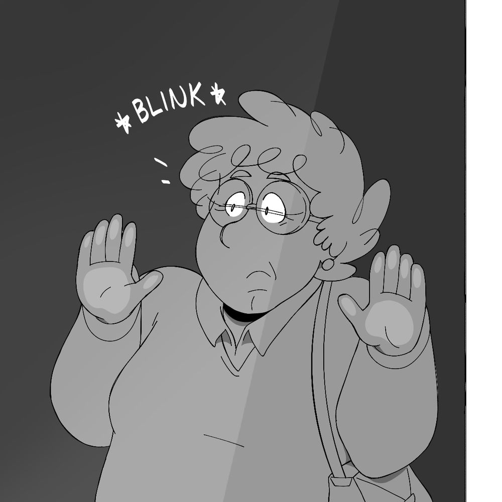 Scene cuts back to just the lady, standing in place with both hands on the glass. She says nothing, just blinks.