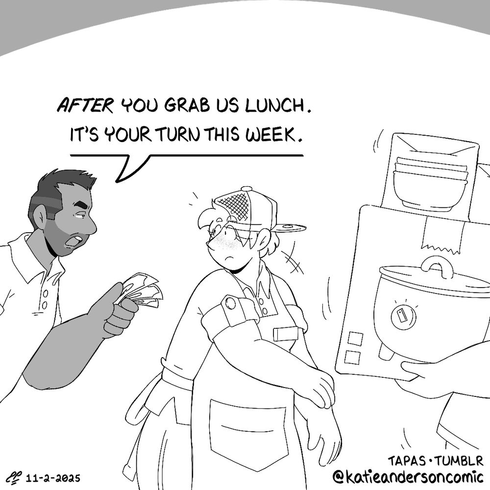Scene cuts back to Katie and the manager, with the customer still slightly in view struggling to balance the boxes in his hands. The manager, holding cash in his left hand to give it to Katie, says: "*After* you grab us lunch. It's your turn this week."