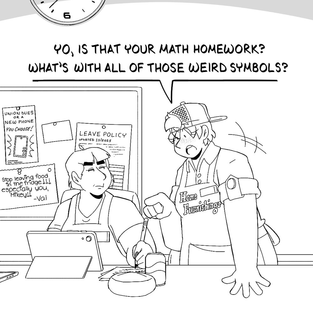 The sandwich and soda can are placed on the table as Katie leans in, points towards Valerie's tablet screen and asks curiously: "Yo, is that your math homework? What's with all of those weird symbols?"